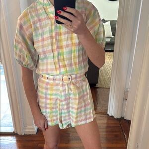 S/W/F Pastel Plaid Short Jumpsuit with Belt- worn one time excellent condition.